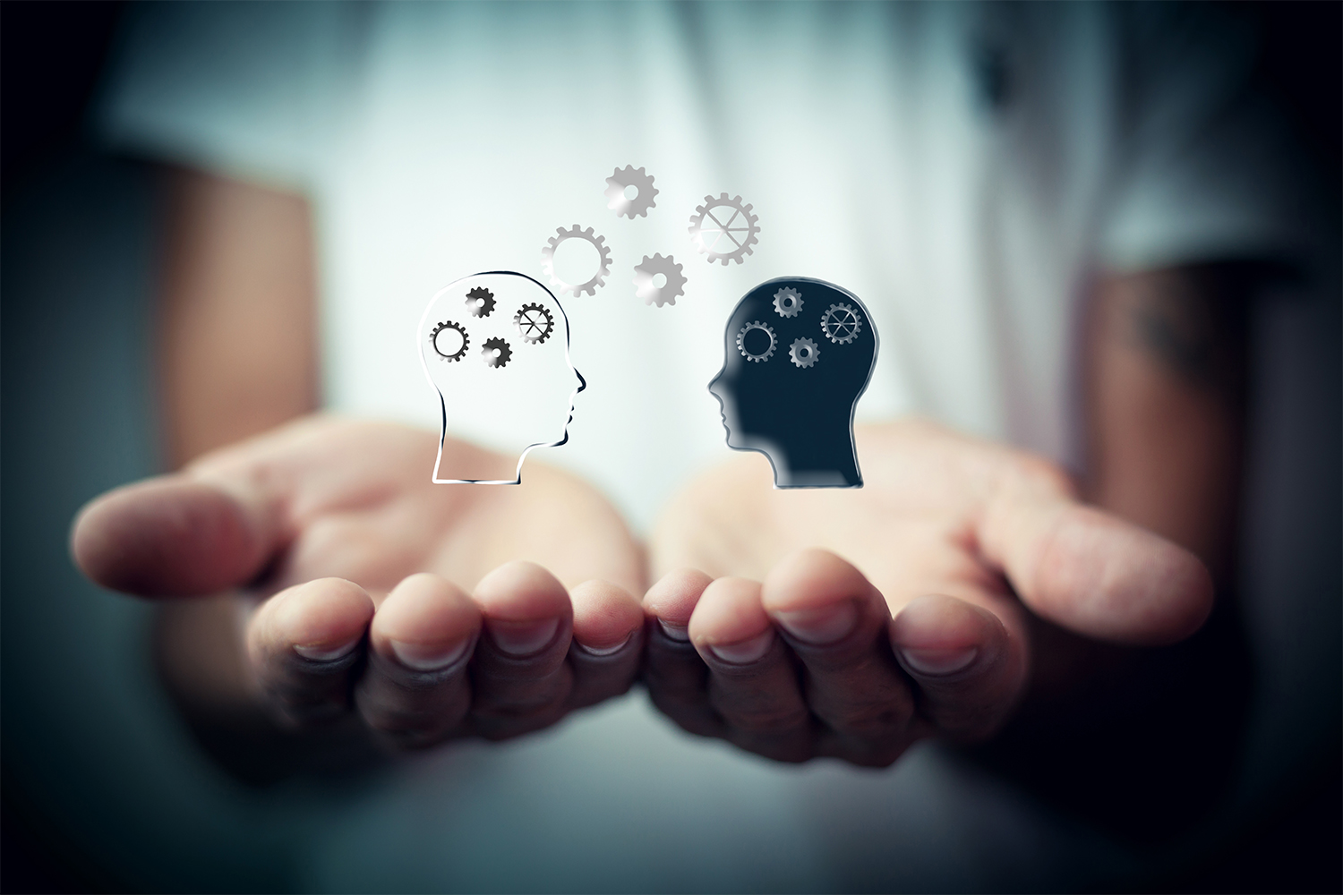 Person with palms together holding imaginary heads with floating cogs to show concept of knowledge sharing.