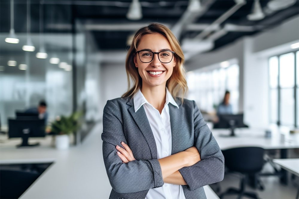 Happy confident woman in modern office in suit looking at camera.