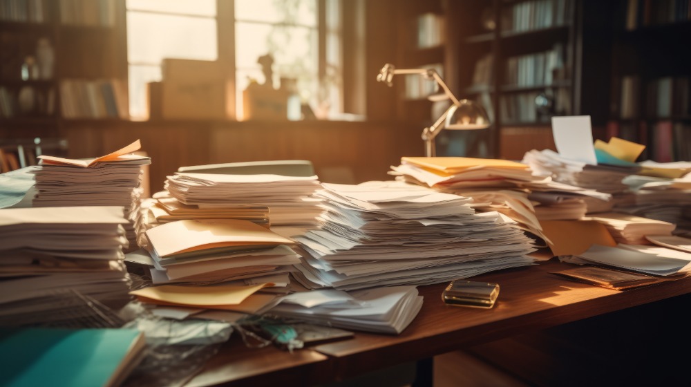 Close-up office desk with an organised stack of papers