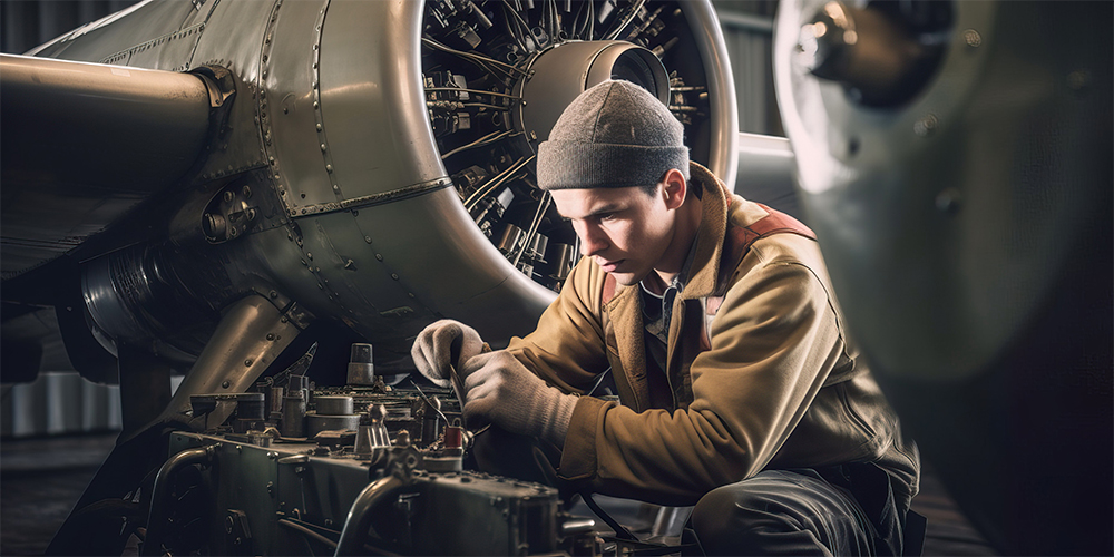 Man doing repairwork on aeroplane.