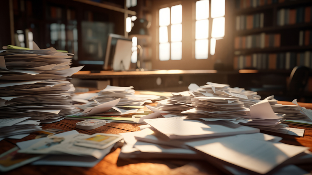 Very messy office with papers stacked and strewn everywhere.  Nice light coming through window.