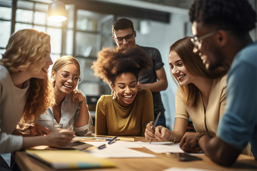 Group of young office workers collaborating and brainstorming in a modern office fostering teamwork.