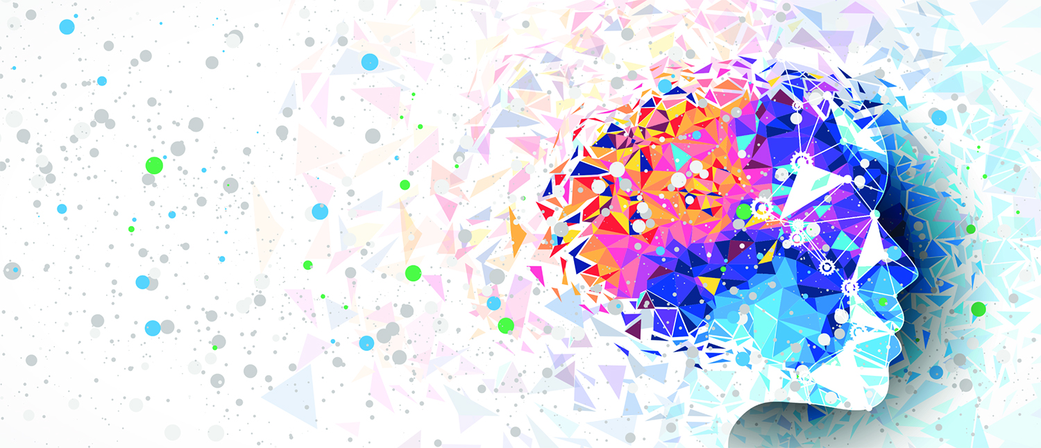 Conceptual technology illustration of artificial intelligence. Beautiful soft coloured triangular shapes surrounding head.
