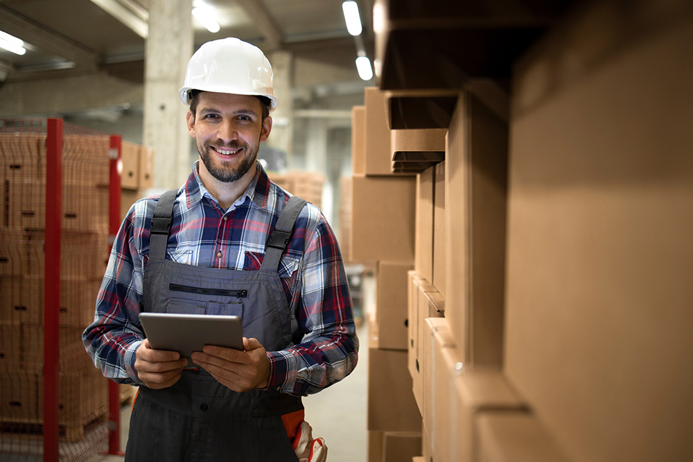 Happy workman with overalls and hardhat using tablet in storeroom looking at camera.